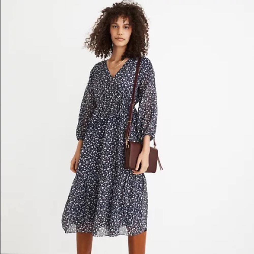 Madewell Blue Floral Tie-Waist Faux Wrap Midi Dress